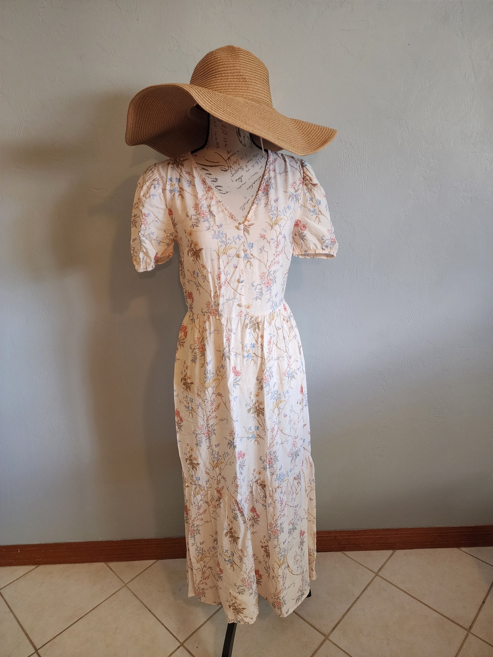 Cream Floral V-Neck Puff Sleeve Midi Dress By Tu